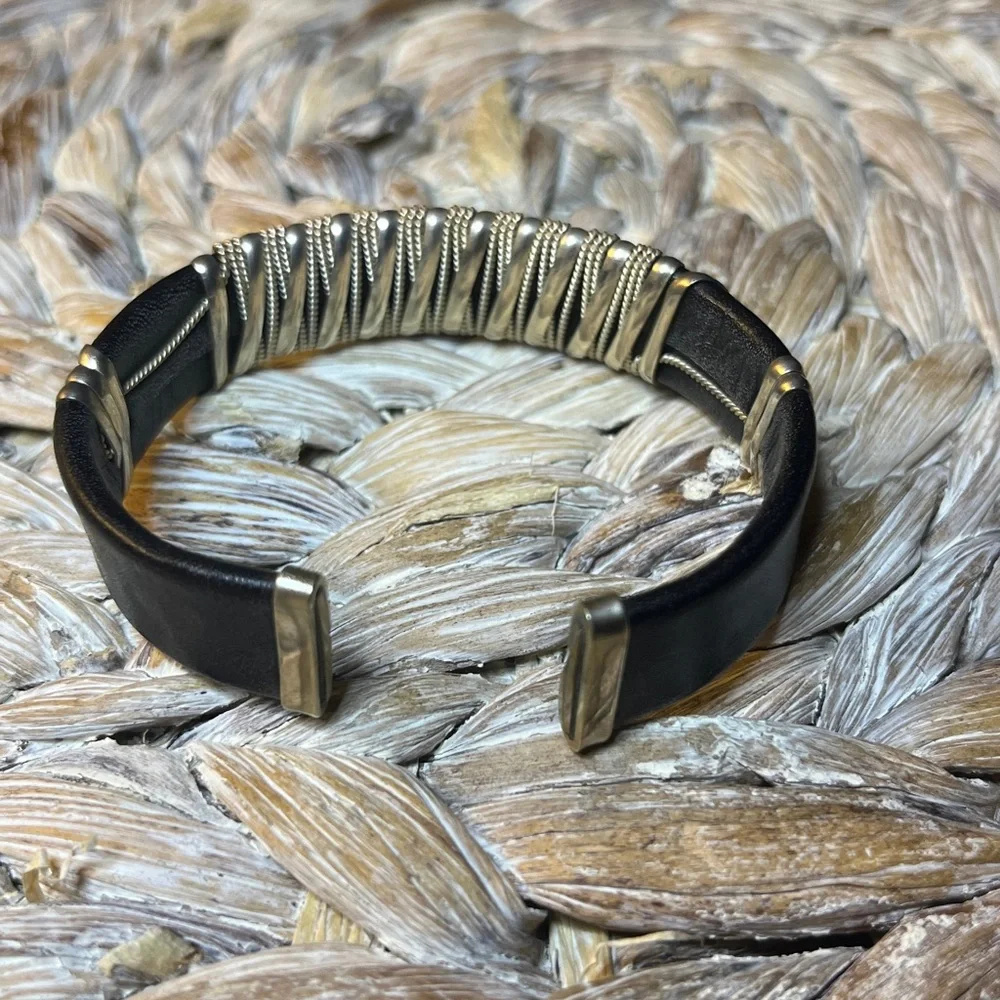 Silver Tone and Black Leather Bracelet‎